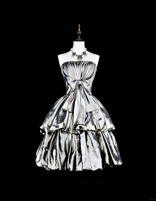 Robe de bal vintage bustier en taffetas gris argenté, courte, inspiration années 2000, robes de bal de promo, robe de soirée N1612