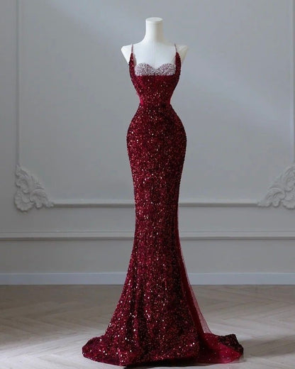 Robe de soirée sirène élégante à fines bretelles et sequins bordeaux pour femme, robe de bal longue et élégante, robe d'anniversaire pour les 18 ans AB1305