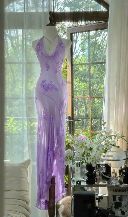 Robe de bal longue en mousseline verte à col licou et perles, élégante robe de soirée verte, tenue de danse N530