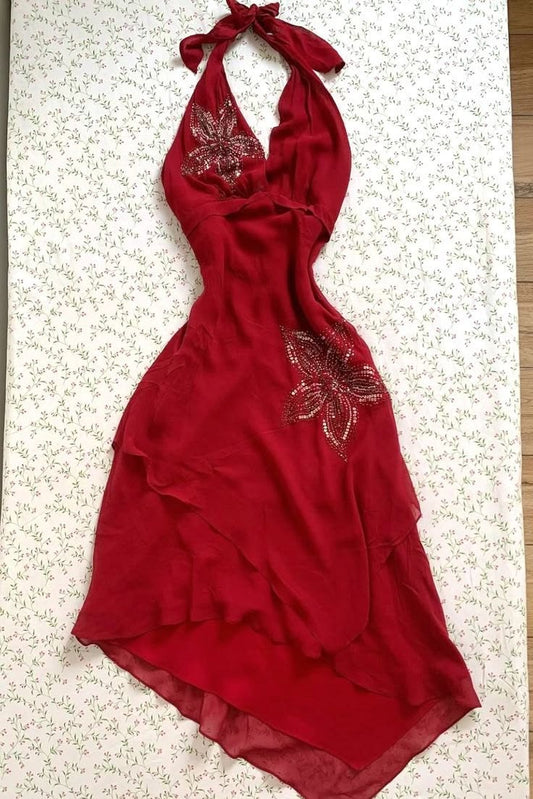 Classy Sheath Halter Burgundy Chiffon Mid Length Homecoming Dresses Party Cocktail Hoco Outfits RB8769