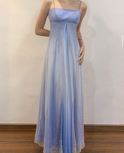Vintage A line Spaghetti Strap Ombre Blue With Beading Formal Dress Long Prom Dresses N2748