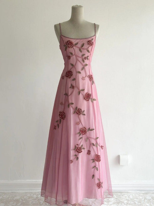 Vintage Y2K A-Linie 2000er Rosa Spaghettiträger Chiffon Mit Perlen Abendkleid 21. Geburtstag Ballkleider N2760