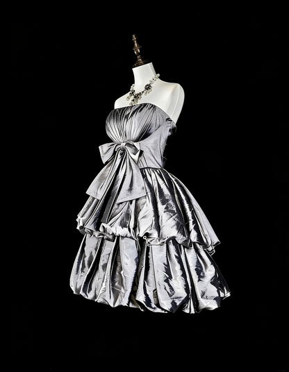 Robe de bal vintage bustier en taffetas gris argenté, courte, inspiration années 2000, robes de bal de promo, robe de soirée N1612