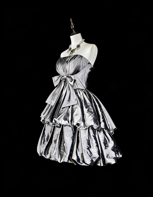 Robe de bal vintage bustier en taffetas gris argenté, courte, inspiration années 2000, robes de bal de promo, robe de soirée N1612