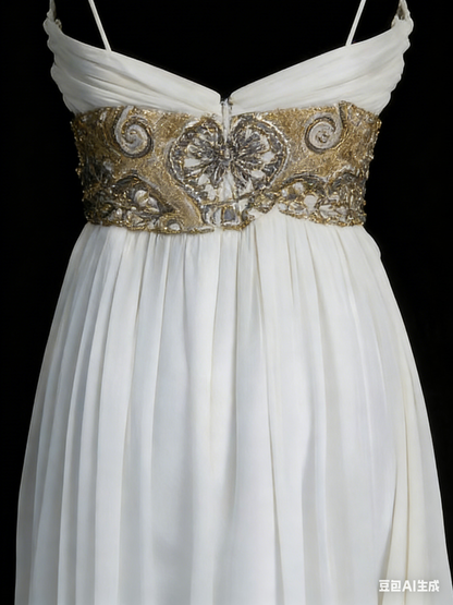Robe de bal de fin d'année chic en mousseline blanche à bretelles spaghetti et perles, coupe trapèze, idéale pour le lycée (N1249)