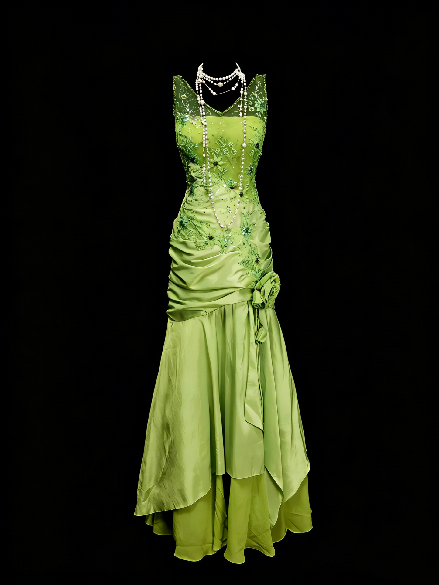 Vintage Meerjungfrauen-Abendkleid aus den 90er Jahren mit V-Ausschnitt, smaragdgrünem Satin und Perlenstickerei, langes formelles Abendkleid N1385