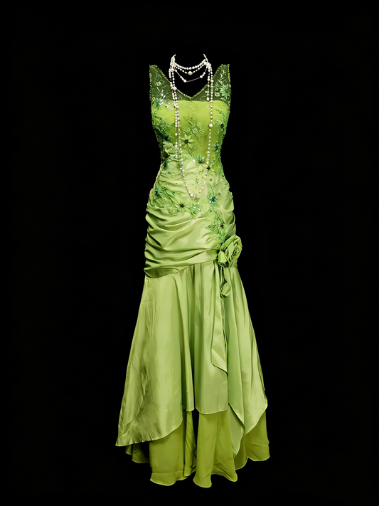 Vintage Mermaid V Neck Bud Green Satin 90s With Beaded Prom Dresses Long Formal Party Gown N1385