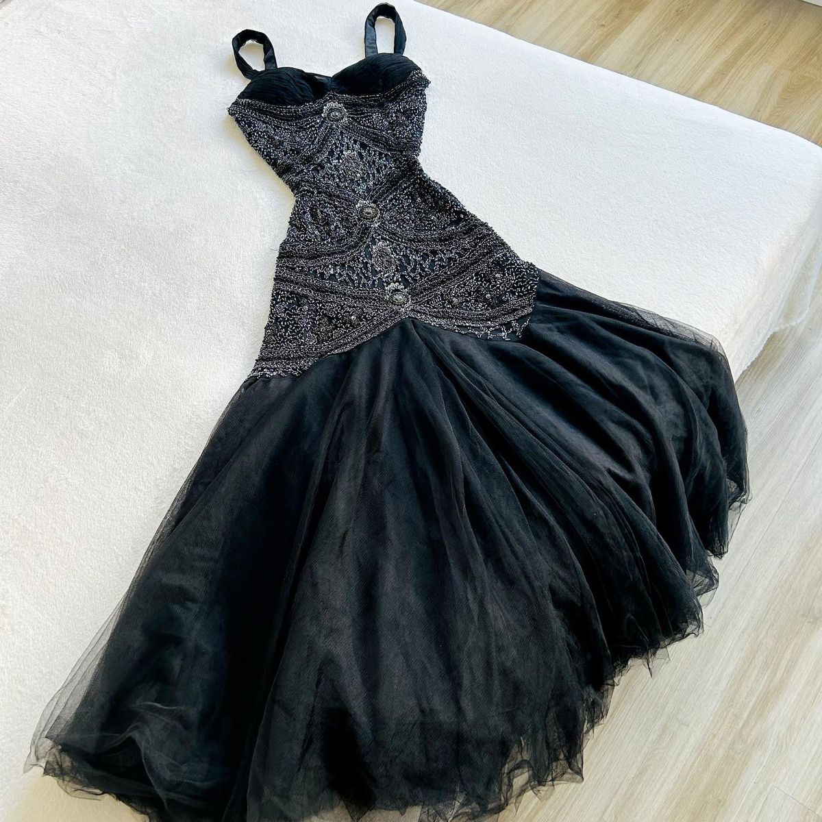 Flamboyant Meerjungfrau Sweetheart Schwarz Tüll mit Perlen Ärmellose Lange Ballkleider Langes Abendkleid RB3838