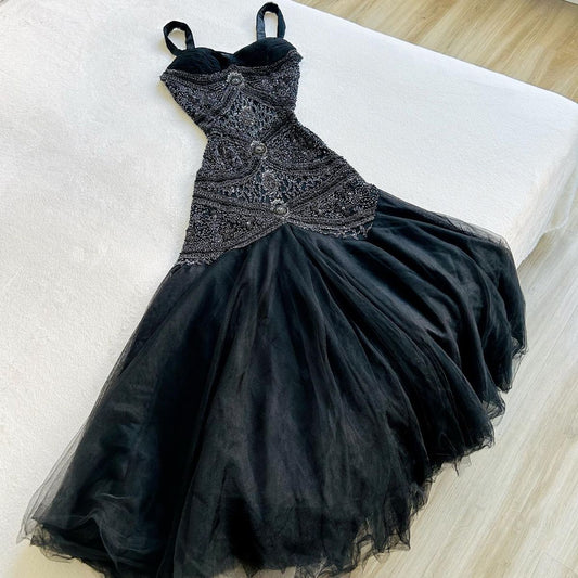 Flamboyant Mermaid Sweetheart Black Tulle With Beads Sleeveless Long Prom Dresses Long Formal Dress RB3838