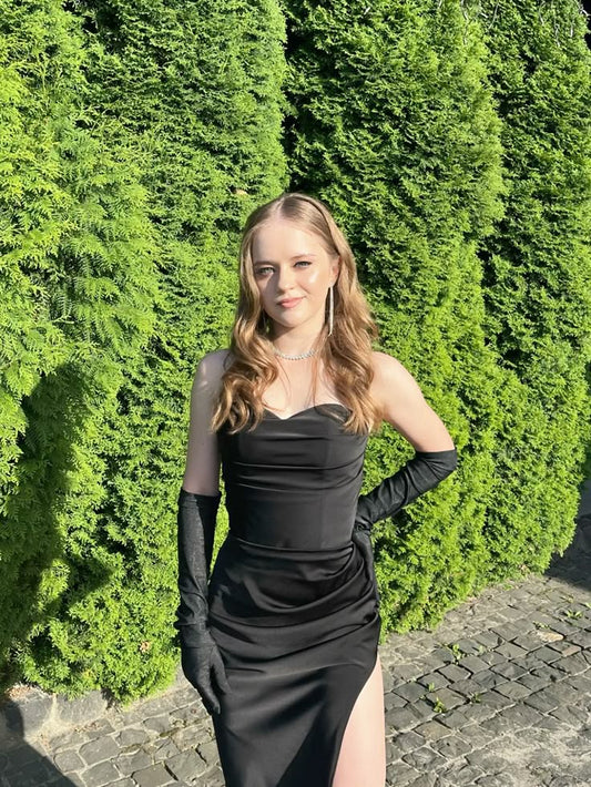 Robe de bal de fin d'année modeste pour lycéennes - Inspiration sirène noire à décolleté cœur et fente - Robe longue semi-formelle pour adolescentes AB2122