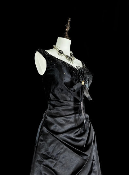 Verträumte Abschlussballkleider Vintage 90er Jahre mit Perlen V-Ausschnitt A-Linie Satin Schwarz Lange Formelle Outfits N2375