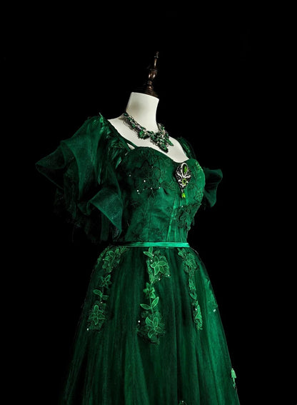 Robe de bal longue vintage vert foncé à bretelles spaghetti et dentelle perlée, coupe trapèze, référence N1827