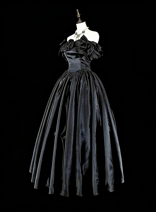 Bescheidene Ballkleider für den Abschlussball, schulterfrei, aus schwarzem Satin, langes Abendkleid, Quinceanera-Kleid N3073