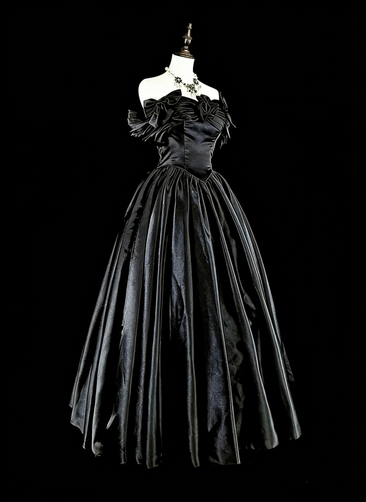 Bescheidene Ballkleider für den Abschlussball, schulterfrei, aus schwarzem Satin, langes Abendkleid, Quinceanera-Kleid N3073