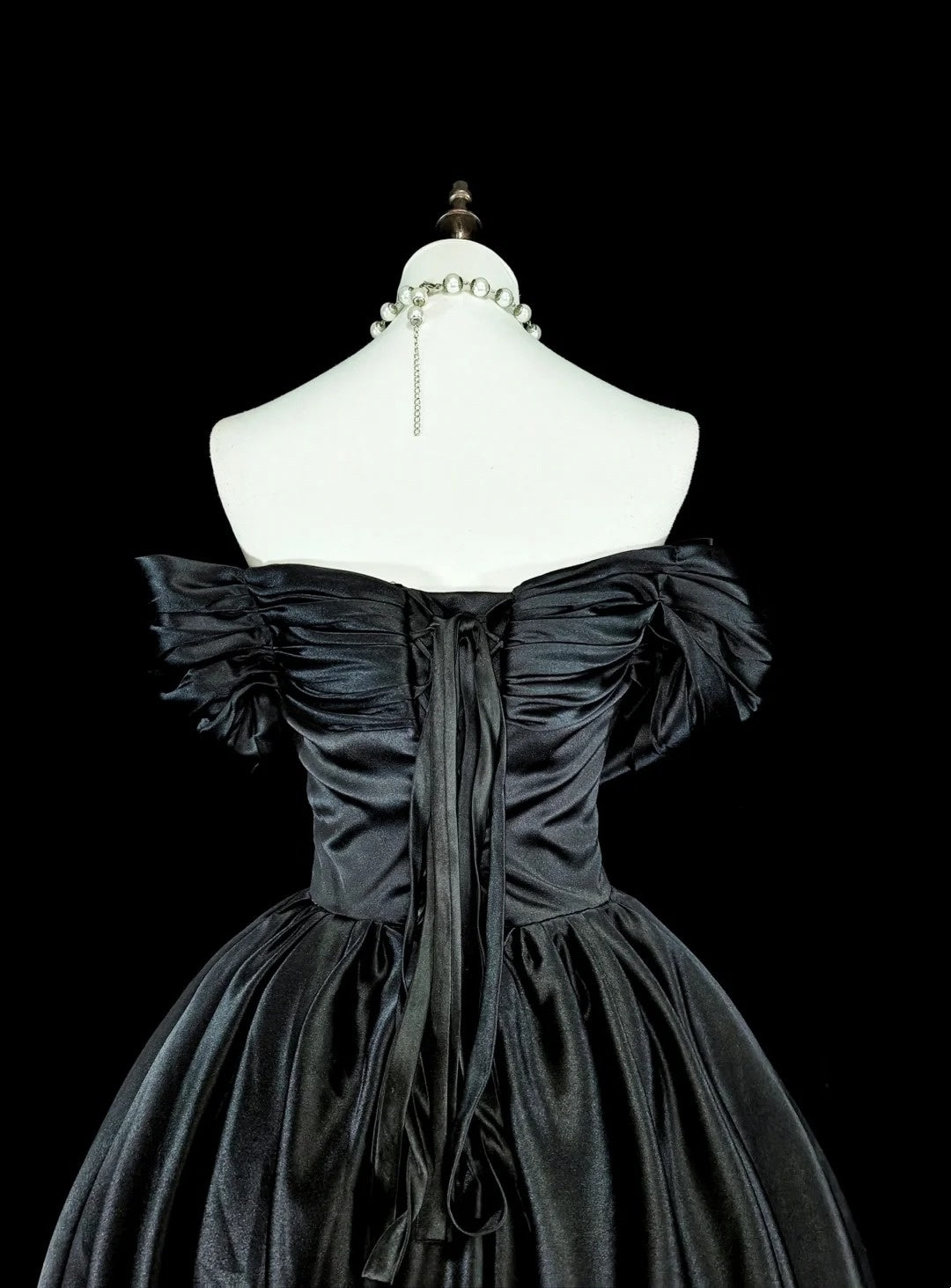 Modest Prom Dresses Ball Gown Off The Shoulder Black Satin Evening Long Quince Dress N3073