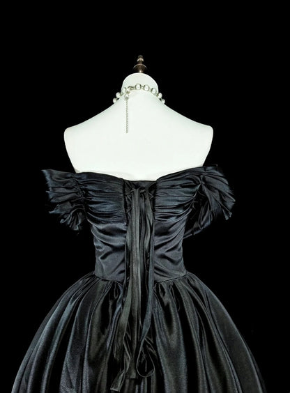 Modest Prom Dresses Ball Gown Off The Shoulder Black Satin Evening Long Quince Dress N3073