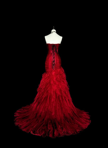 Robes de bal vintage sirène bustier cœur rouge tulle avec couches étagées longue robe de soirée N2376