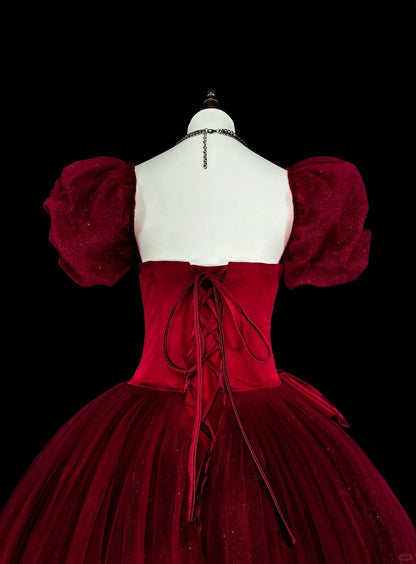 Modest Prom Dresses Ball Gown Square Neck Burgundy Tulle Long Quince Dress N3072