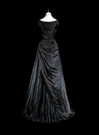 Verträumte Abschlussballkleider Vintage 90er Jahre mit Perlen V-Ausschnitt A-Linie Satin Schwarz Lange Formelle Outfits N2375