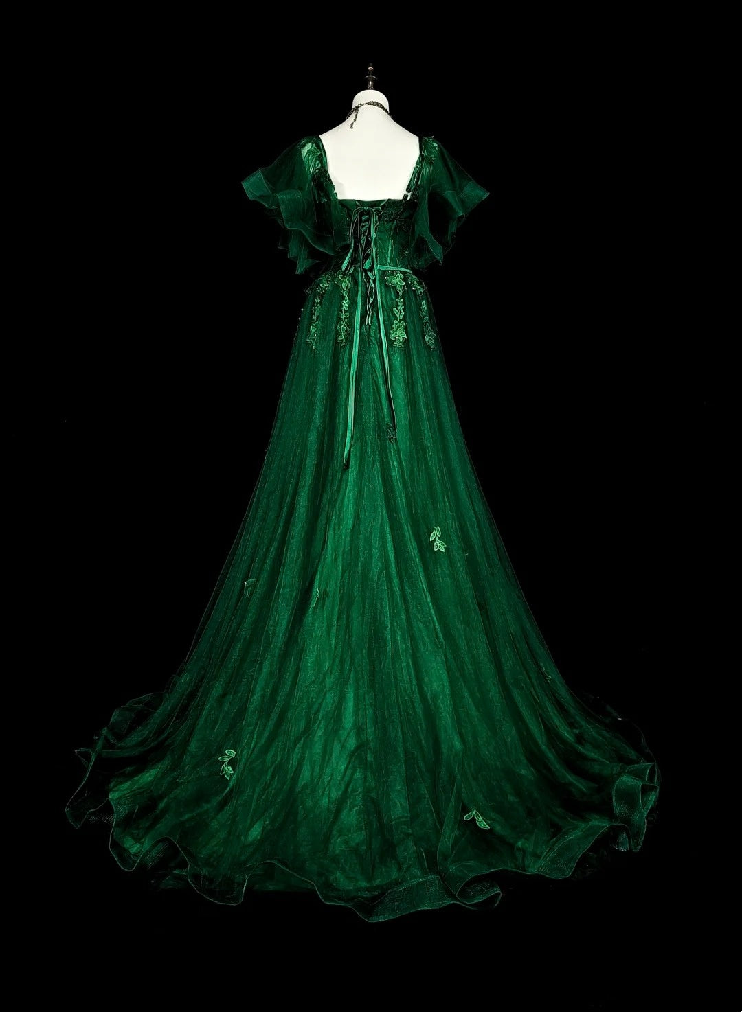 Robe de bal longue vintage vert foncé à bretelles spaghetti et dentelle perlée, coupe trapèze, référence N1827