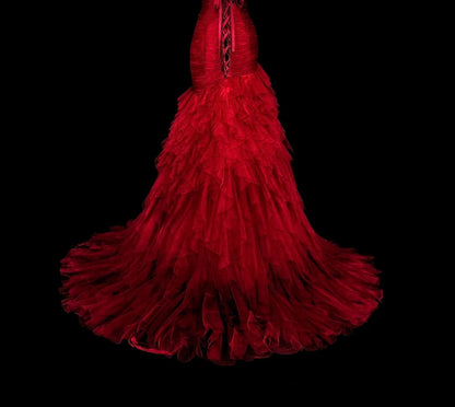 Robes de bal vintage sirène bustier cœur rouge tulle avec couches étagées longue robe de soirée N2376