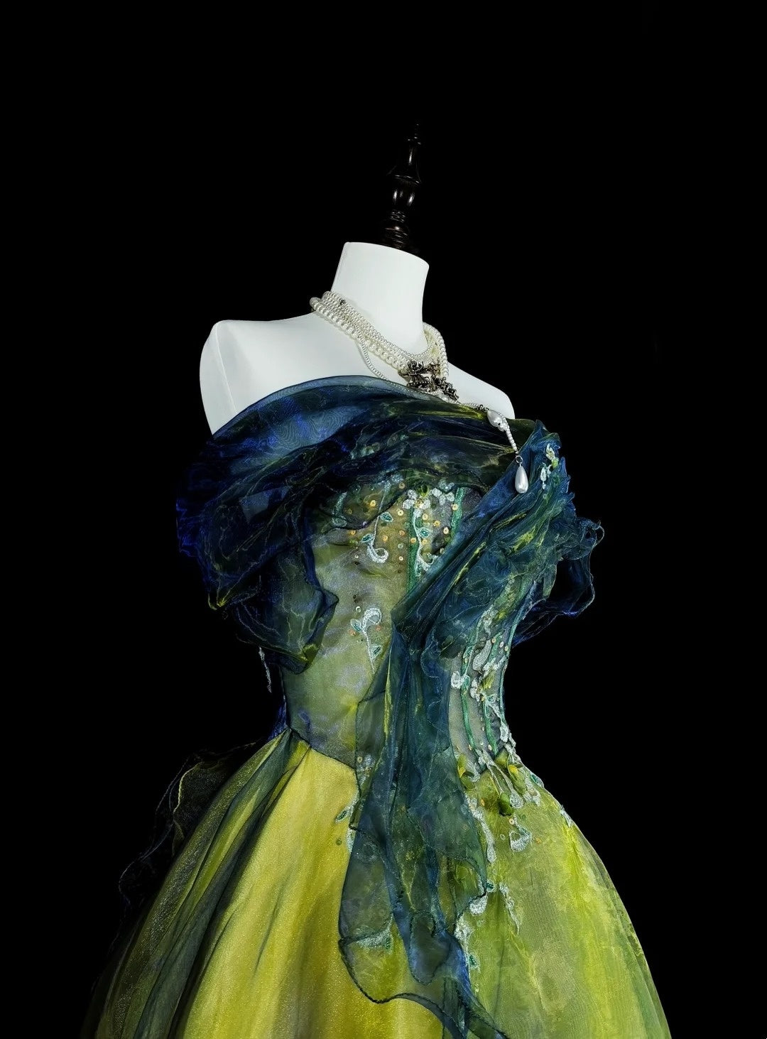 Vintage Ballkleid, trägerlos, grün-schwarz, Tüll, ärmellos, 80er-Jahre-Stil, langes formelles Abendkleid N1466