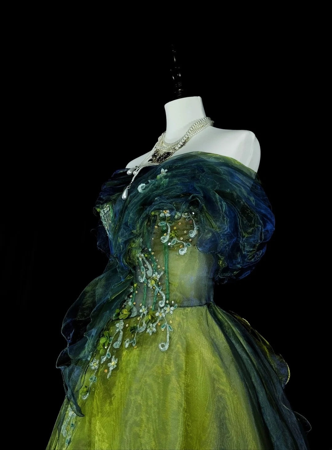 Vintage Ballkleid, trägerlos, grün-schwarz, Tüll, ärmellos, 80er-Jahre-Stil, langes formelles Abendkleid N1466