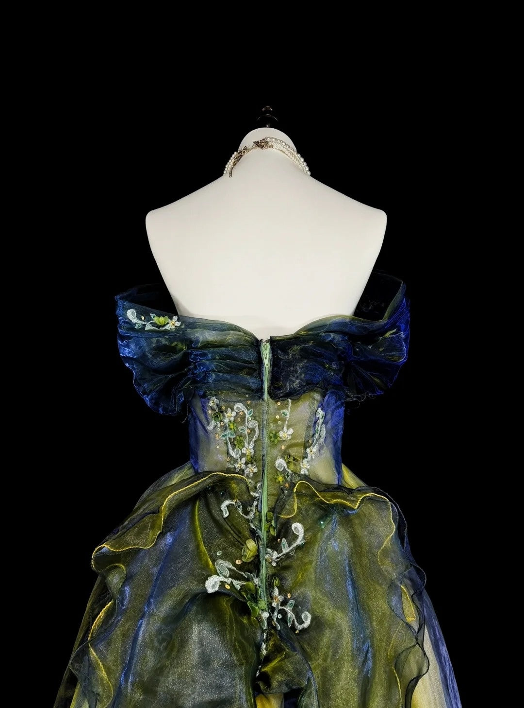 Vintage Ballkleid, trägerlos, grün-schwarz, Tüll, ärmellos, 80er-Jahre-Stil, langes formelles Abendkleid N1466