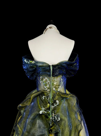Vintage Ballkleid, trägerlos, grün-schwarz, Tüll, ärmellos, 80er-Jahre-Stil, langes formelles Abendkleid N1466