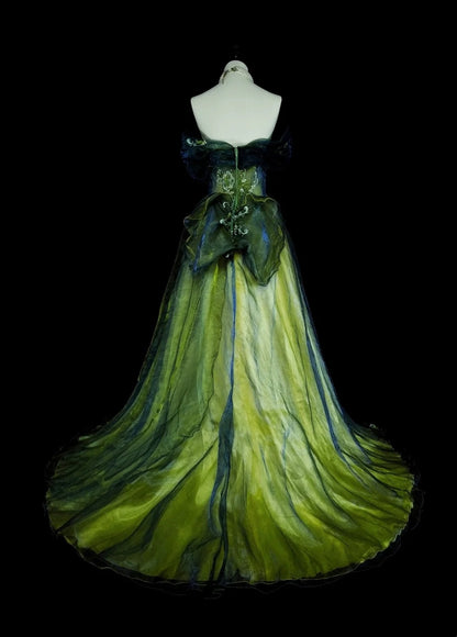 Vintage Ballkleid, trägerlos, grün-schwarz, Tüll, ärmellos, 80er-Jahre-Stil, langes formelles Abendkleid N1466