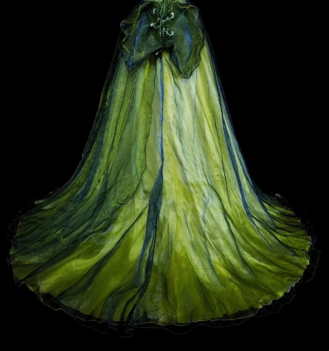 Vintage Ballkleid, trägerlos, grün-schwarz, Tüll, ärmellos, 80er-Jahre-Stil, langes formelles Abendkleid N1466