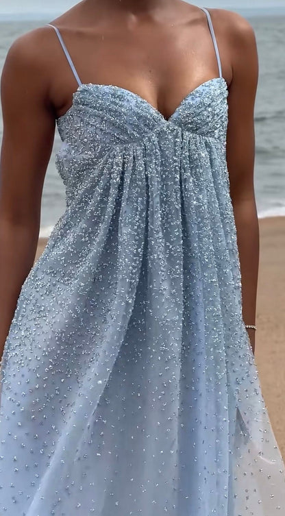 Robe de bal longue à fines bretelles et paillettes roses, coupe trapèze, N1667