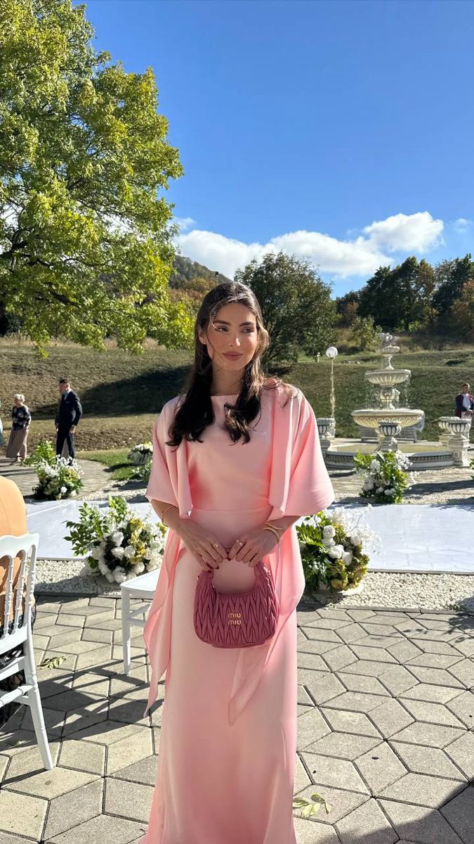 Cocktailkleid für Damen, Meerjungfrauenstil, Rundhalsausschnitt, Rosa mit plissiertem Cape, Abendkleid, Ballkleid AB1886