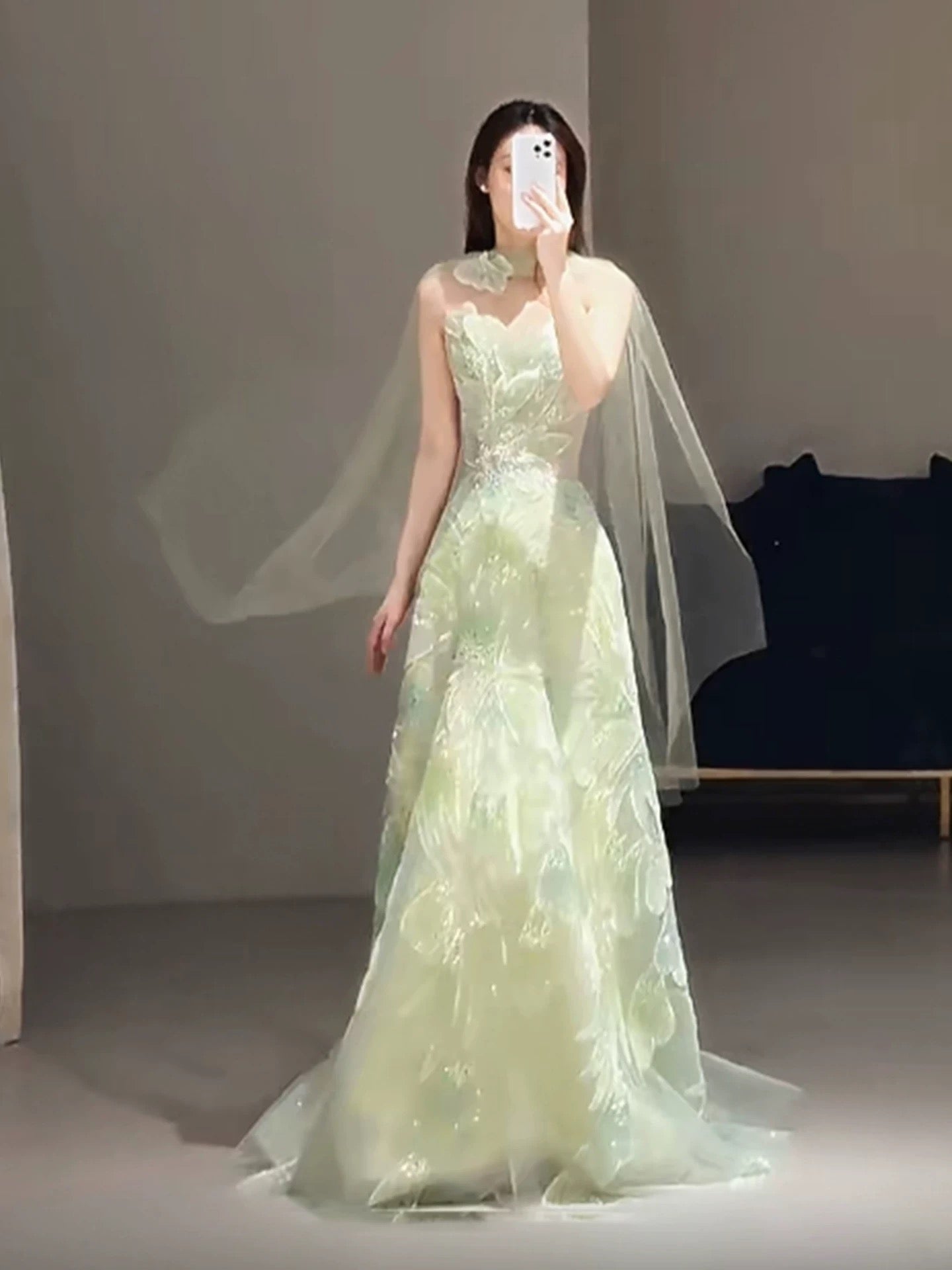 Princess Prom Dresses A line Strapless Green With Scarf Beading Evening Long Formal Dress N4296