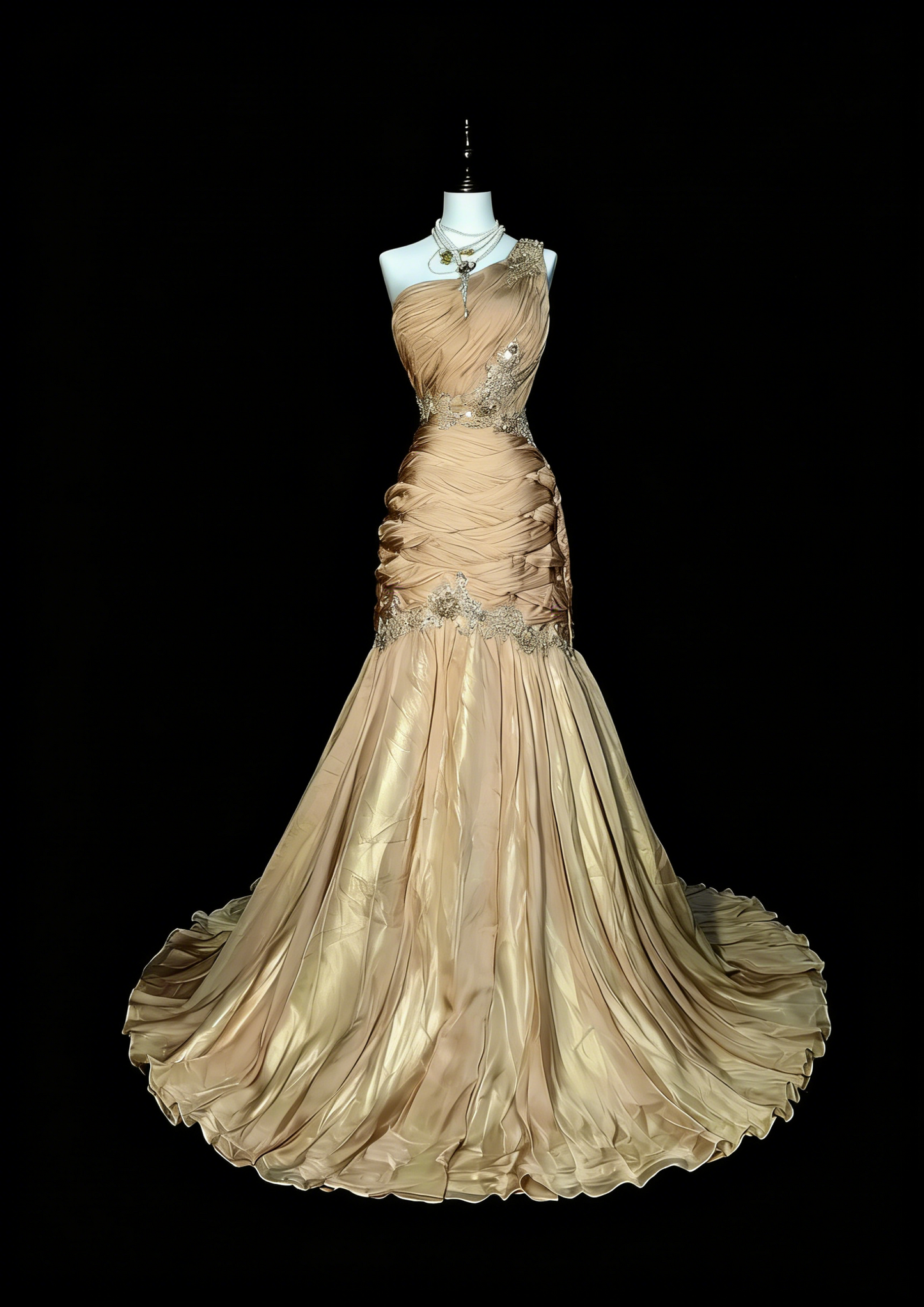 Vintage Meerjungfrauen-Abendkleid, schulterfrei, champagnerfarbener Tüll, plissiert, ärmellos, 80er-Jahre-Stil, langes formelles Partykleid N1474