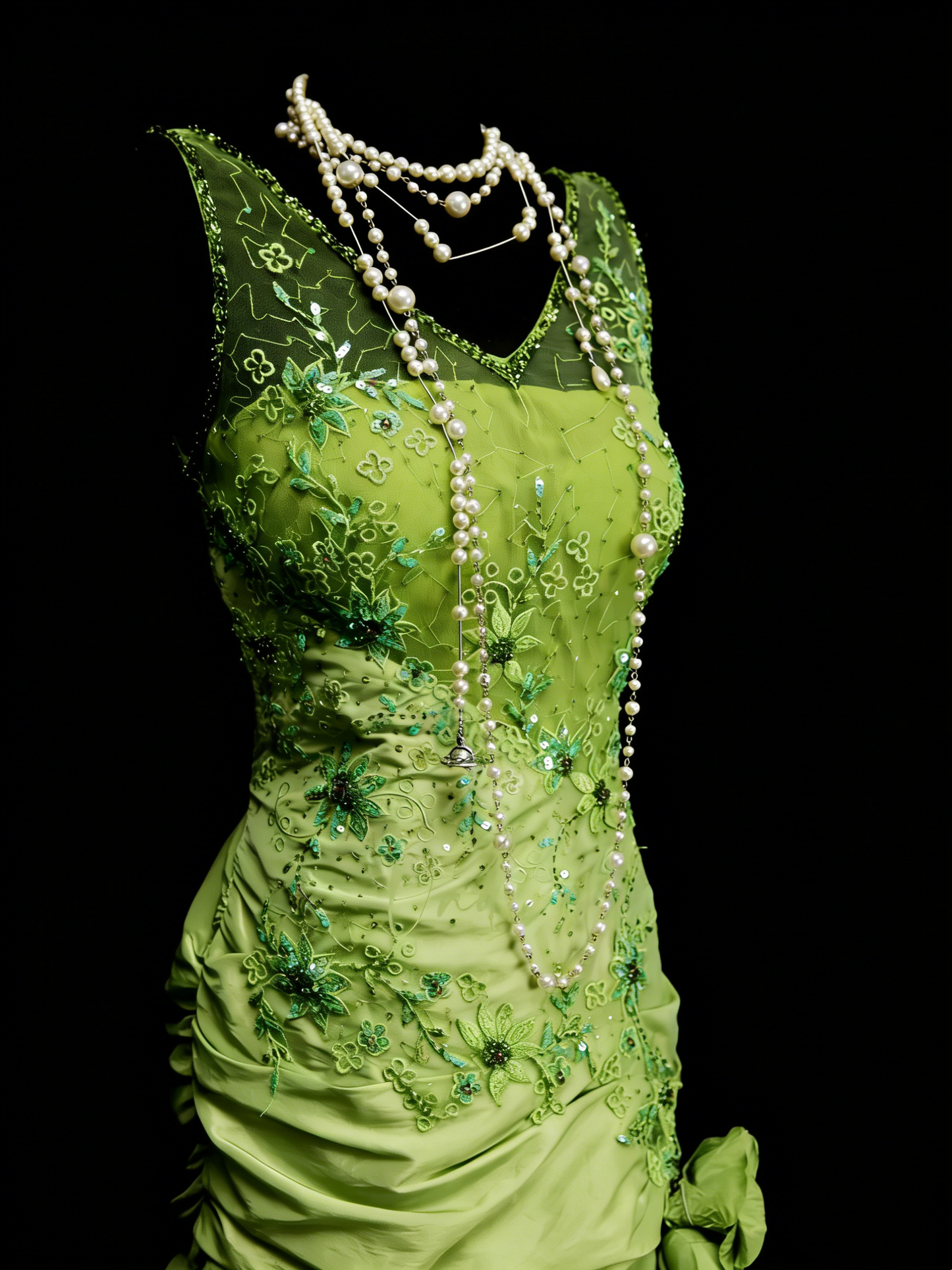 Vintage Meerjungfrauen-Abendkleid aus den 90er Jahren mit V-Ausschnitt, smaragdgrünem Satin und Perlenstickerei, langes formelles Abendkleid N1385