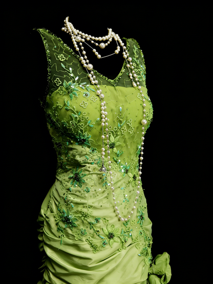 Vintage Meerjungfrauen-Abendkleid aus den 90er Jahren mit V-Ausschnitt, smaragdgrünem Satin und Perlenstickerei, langes formelles Abendkleid N1385