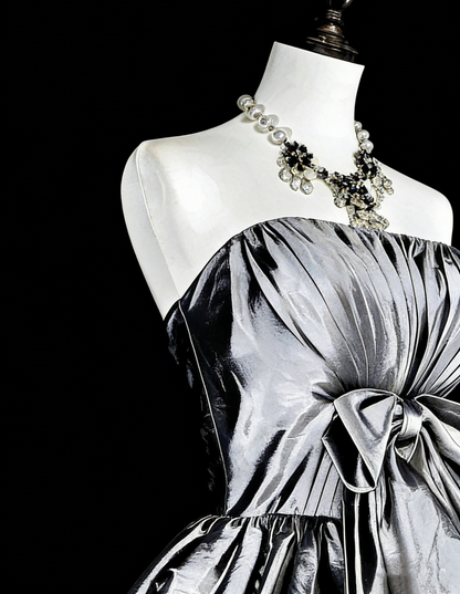 Robe de bal vintage bustier en taffetas gris argenté, courte, inspiration années 2000, robes de bal de promo, robe de soirée N1612