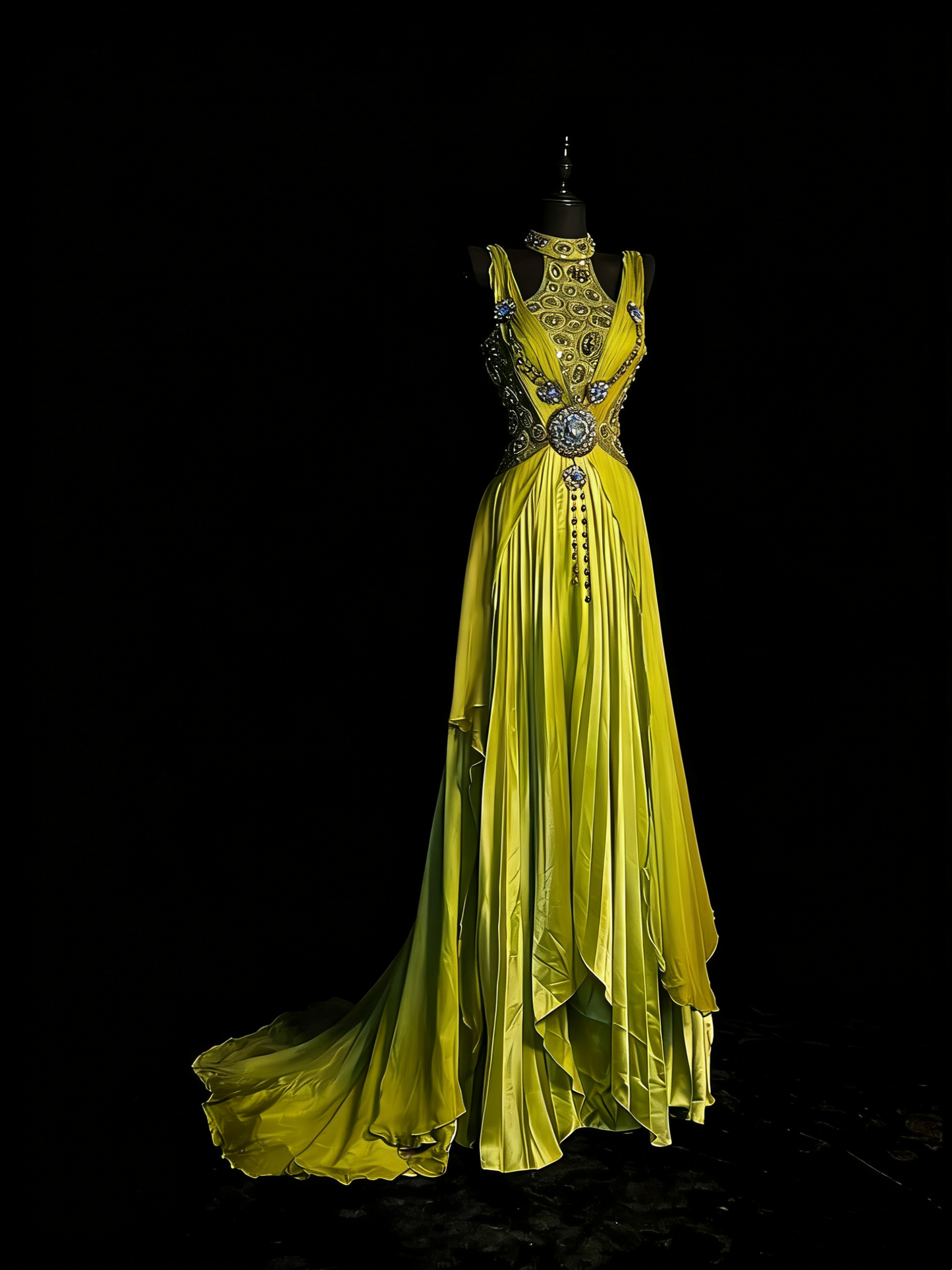 Robe de bal longue en satin vert, coupe trapèze, col montant et corsage orné de perles, idéale pour les jeunes filles (N1192).
