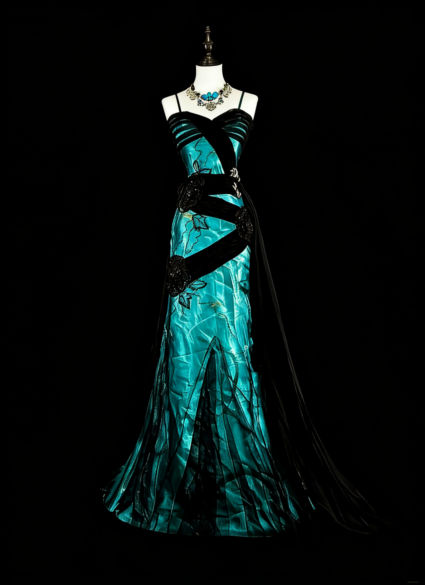 Robe de bal longue vintage années 1960, sirène, bretelles spaghetti, tulle noir, satin vert, sans manches, N1585