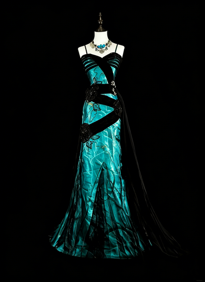 Robe de bal longue vintage années 1960, sirène, bretelles spaghetti, tulle noir, satin vert, sans manches, N1585