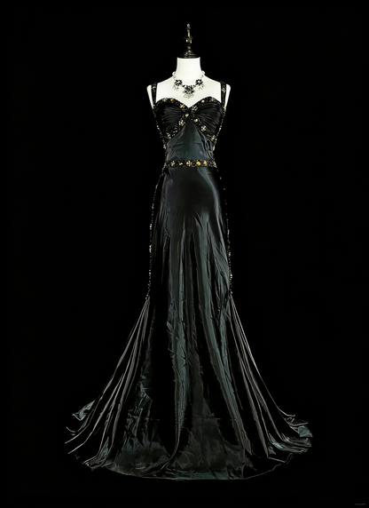 Vintage Meerjungfrauen-Abendkleid aus den 1960er Jahren, schwarz, ärmellos, mit herzförmigem Ausschnitt, Trägern, N1591