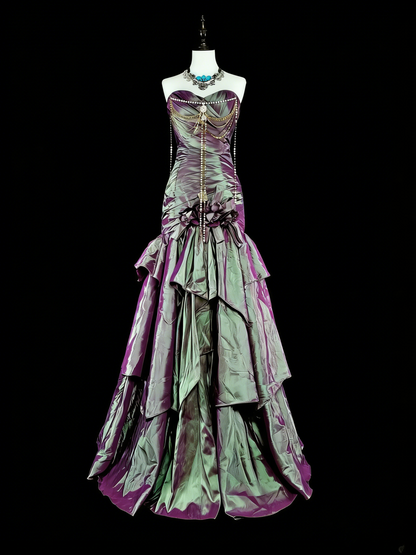 Vintage Meerjungfrauen-Abendkleid aus lila Taft im 70er-Jahre-Stil mit Rüschen und herzförmigem Ausschnitt, langes Ballkleid, Partykleid N1846