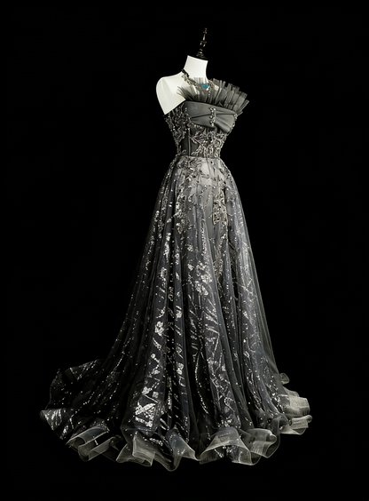 Vintage Prom Dresses Aesthetic 1960er Retro Ballkleid Grau Pailletten Langes Partykleid N2147