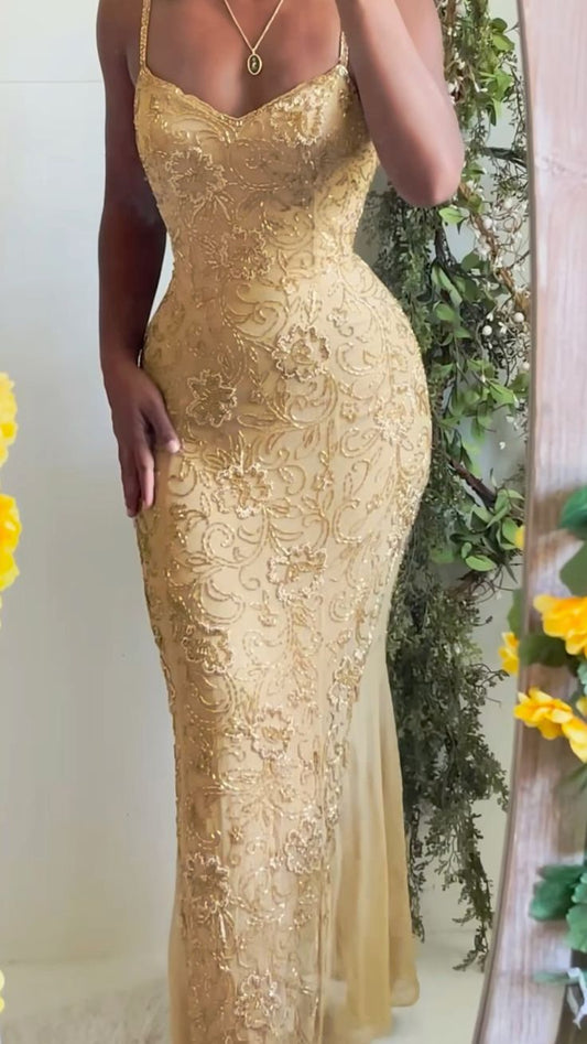 Vintage Mermaid Spaghetti Strap Yellow With Beads Sleeveless Long Prom Dresses Long Formal Dress RB3839