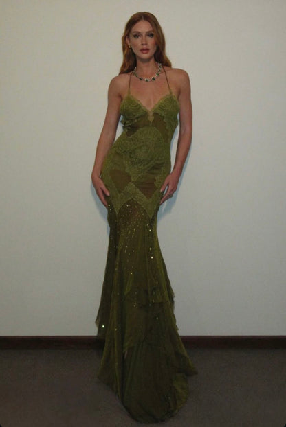 Robe de bal longue sirène sexy à bretelles spaghetti, dos nu en dentelle vert olive, tenue de soirée pour la remise des diplômes N030