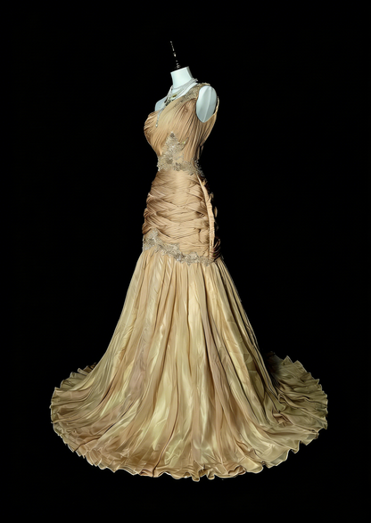 Vintage Meerjungfrauen-Abendkleid, schulterfrei, champagnerfarbener Tüll, plissiert, ärmellos, 80er-Jahre-Stil, langes formelles Partykleid N1474