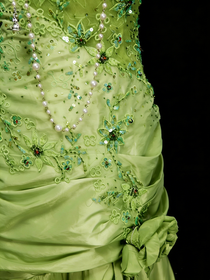 Vintage Meerjungfrauen-Abendkleid aus den 90er Jahren mit V-Ausschnitt, smaragdgrünem Satin und Perlenstickerei, langes formelles Abendkleid N1385