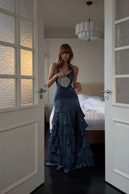 Mermaid V-neck Sheath Long Prom Dresses Fine Glitter Navy Blue Long Formal Dresses N593