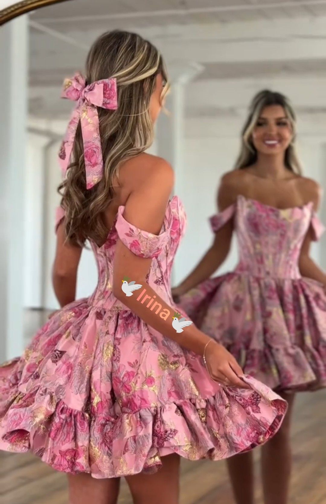 Pretty Ball Gown Off The Shoulder Floral Pink Satin Hoco dress inspo Short Hoco Dresses RB6052